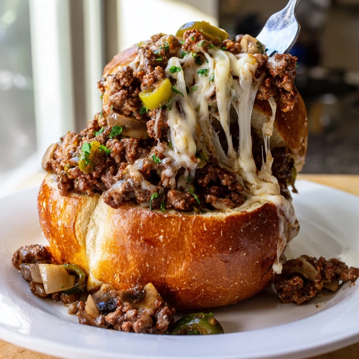 Cheesy Philly Sloppy Joes with melted provolone piled on a golden toasted brioche bun