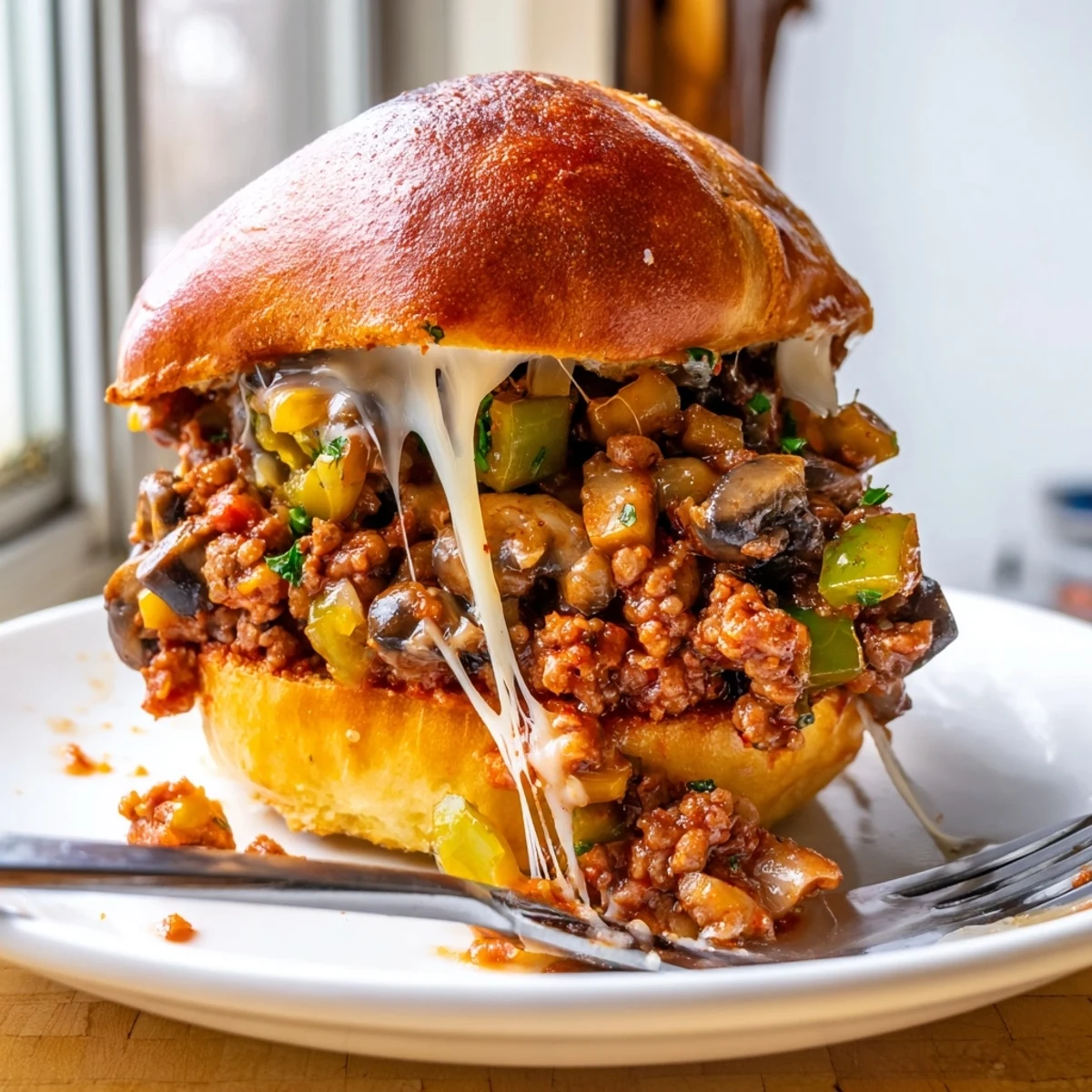 Juicy ground beef and sautéed peppers smothered in cheese for Cheesy Philly Sloppy Joes