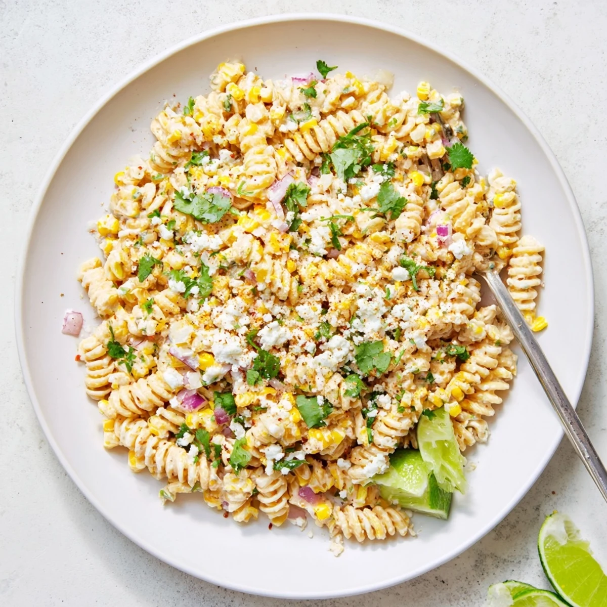 Creamy elote pasta salad topped with crumbled cotija cheese and fresh cilantro leaves