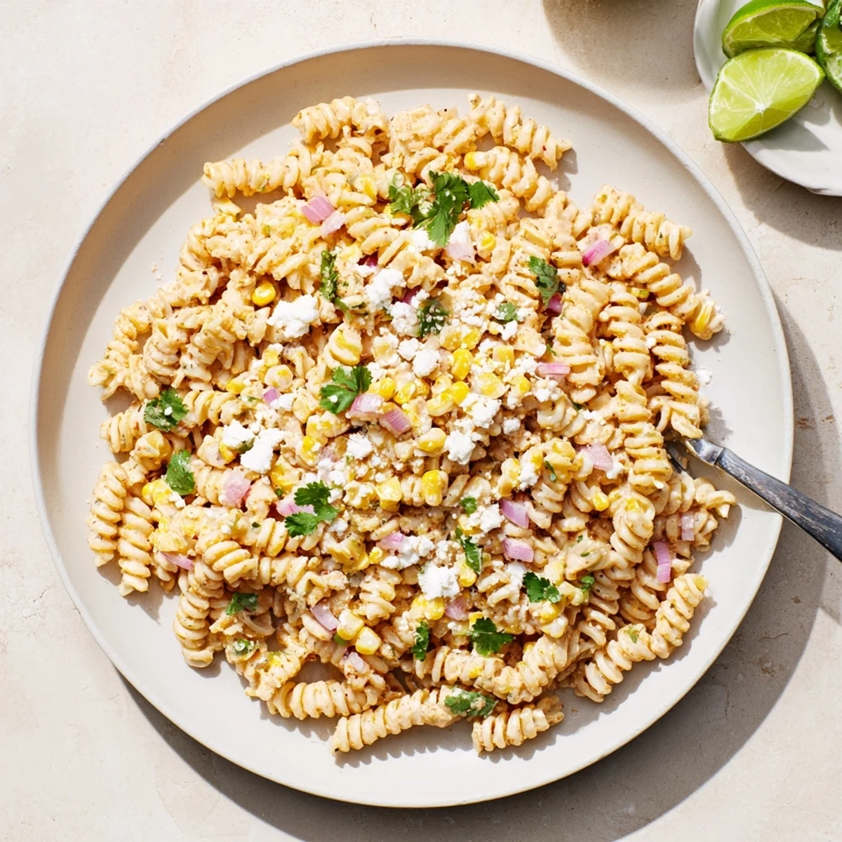 Colorful elote pasta salad in a bowl with charred corn and lime wedges