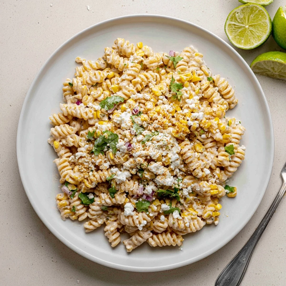 A close-up of elote pasta salad coated in a tangy, smoky cream dressing