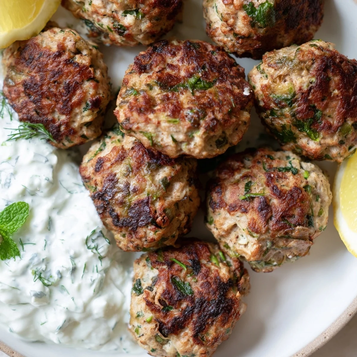 Golden Greek turkey meatballs drizzled with creamy tzatziki on a rustic white plate.