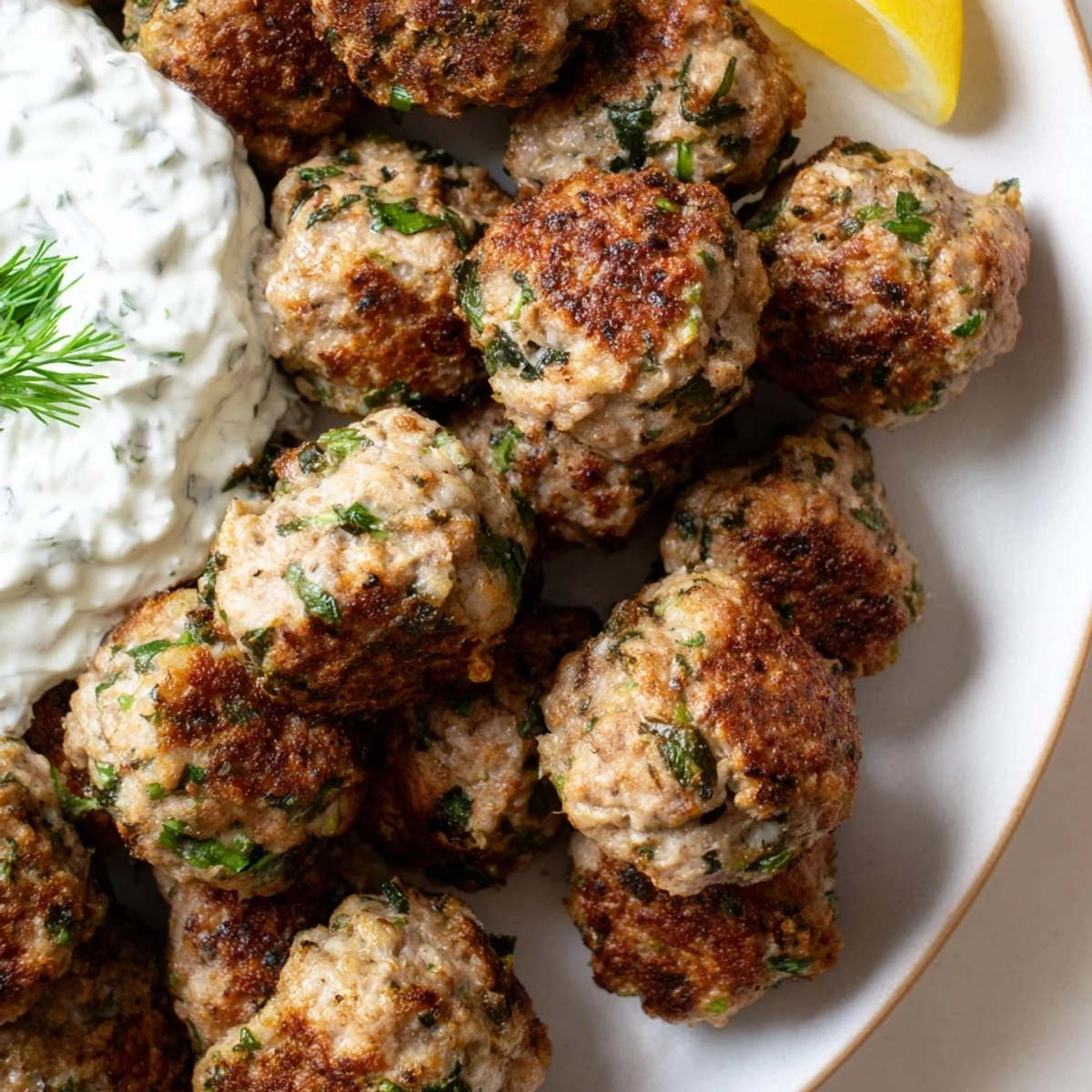 Herb-flecked Greek turkey meatballs nestled beside a bowl of cool, refreshing tzatziki sauce.