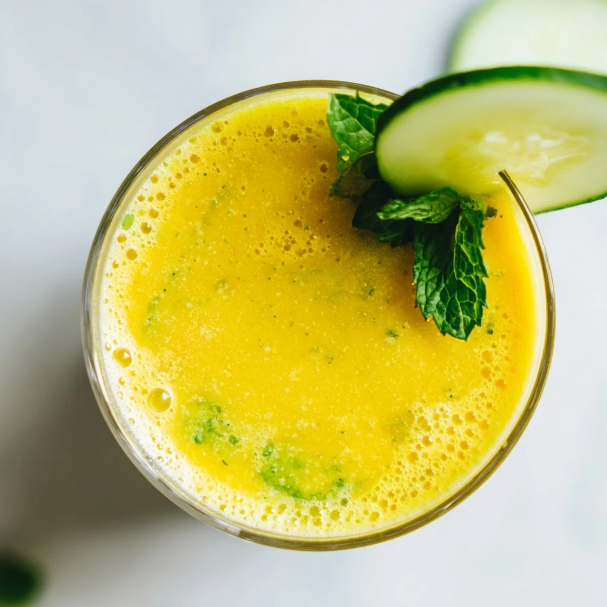 Creamy mango cucumber smoothie poured into a tall glass with fresh mint garnish
