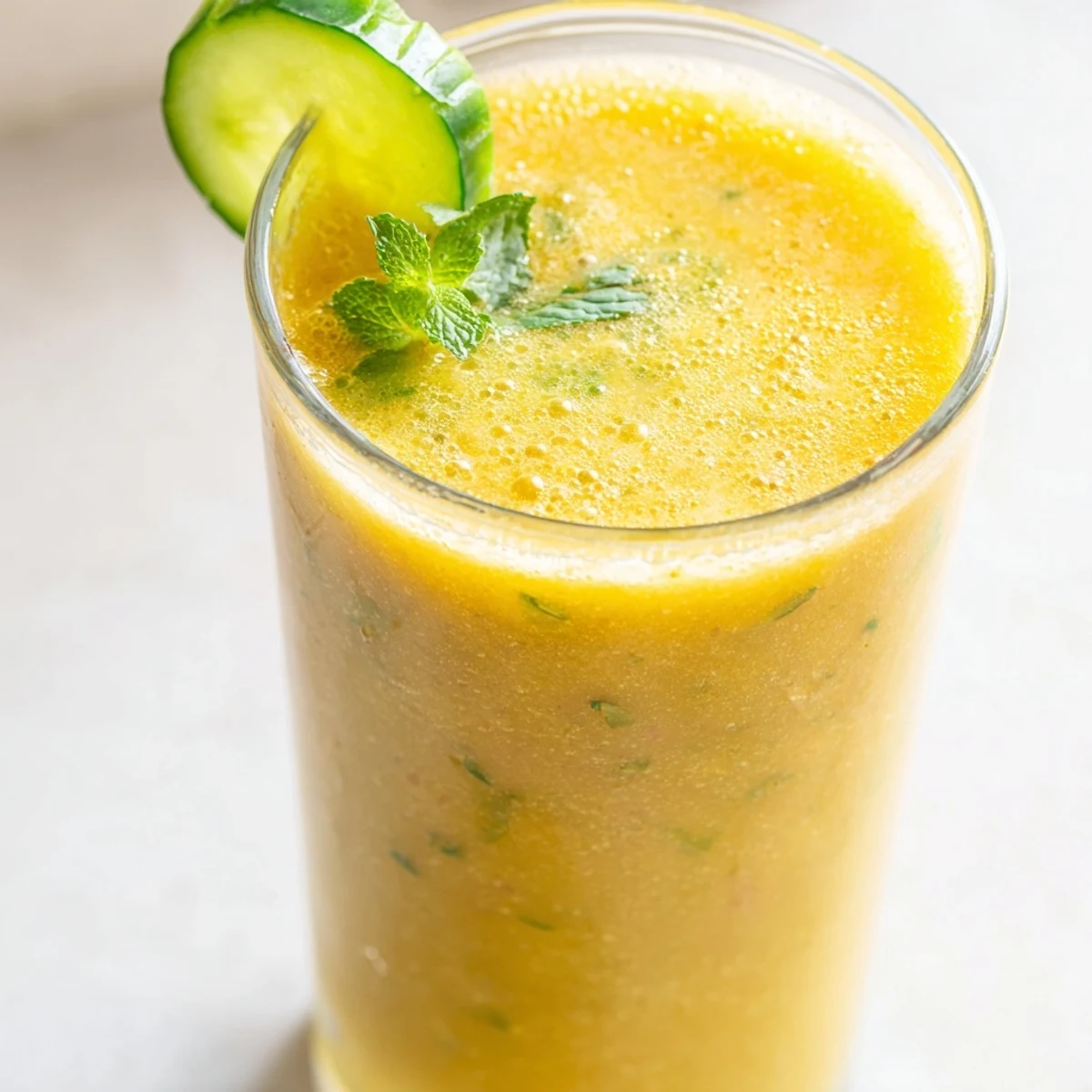 Chilled mango cucumber smoothie in two glasses topped with a lime wedge