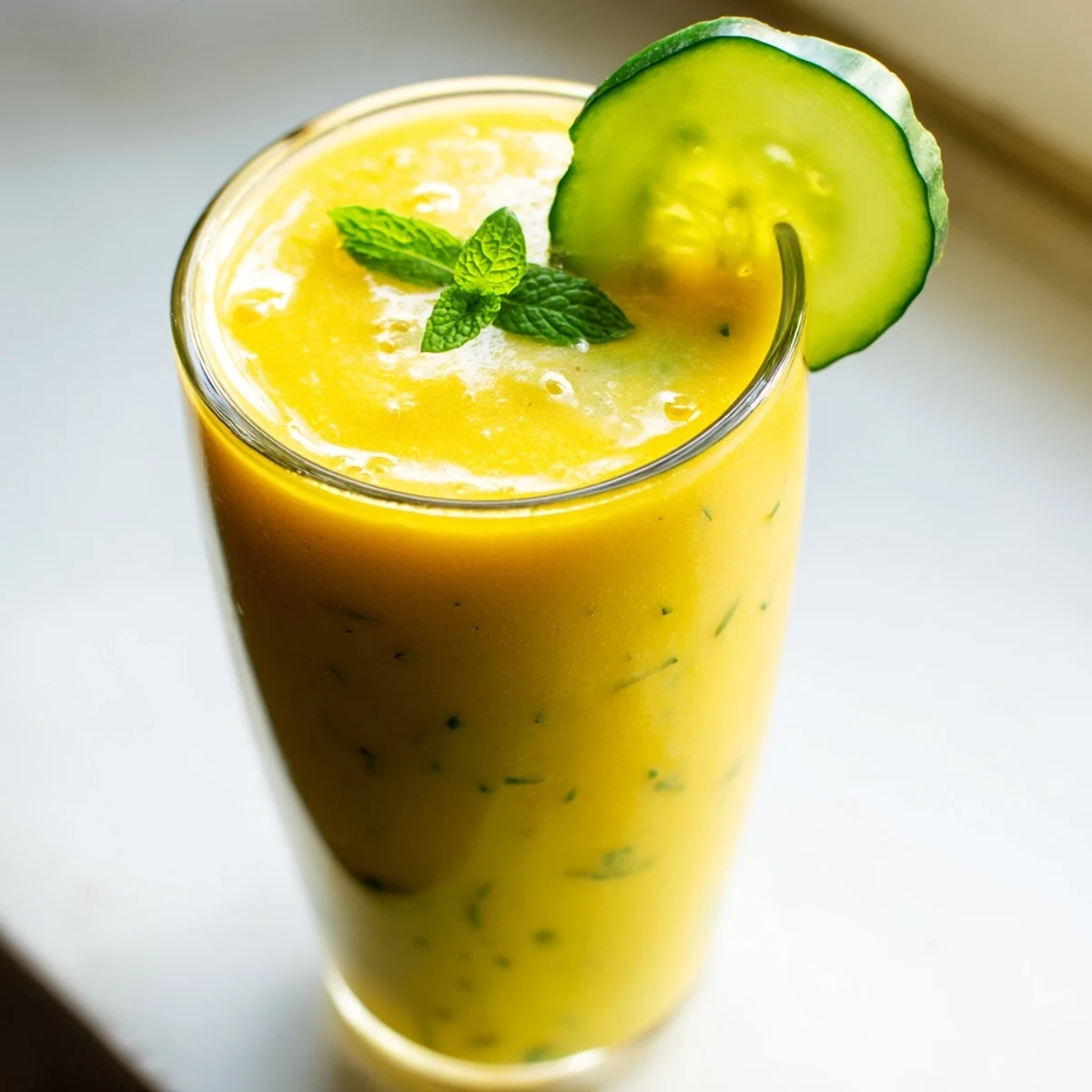Vibrant yellow mango cucumber smoothie blended smooth and served over ice cubes