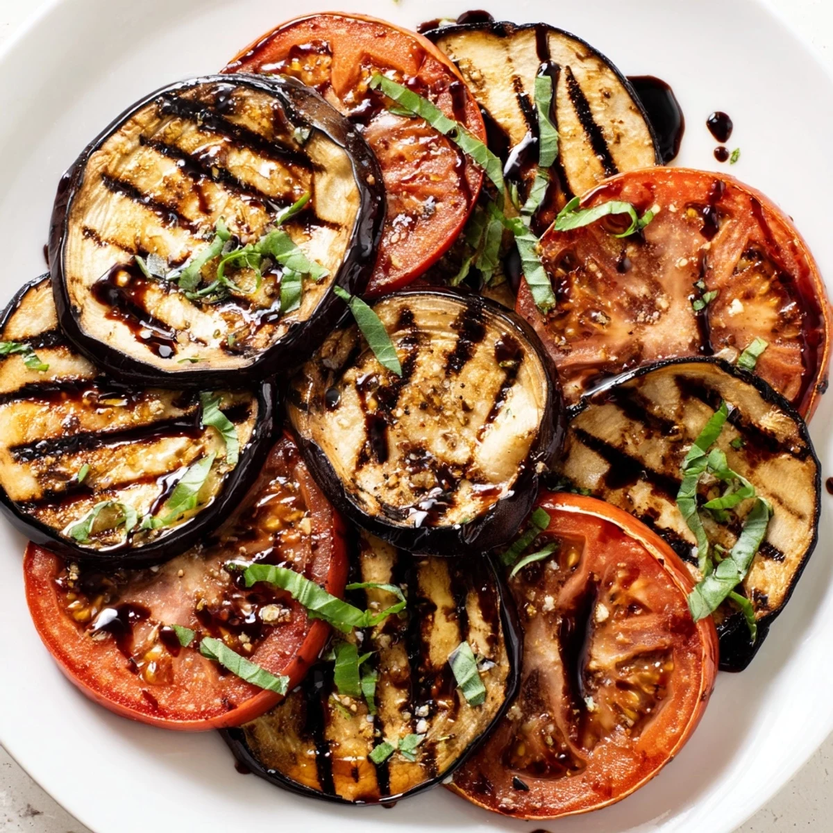 Smoky grilled tomato eggplant layered on a platter with fresh basil and balsamic drizzle