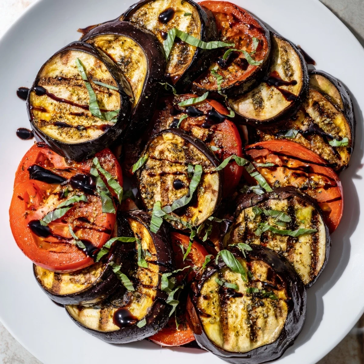 Tender charred eggplant and juicy grilled tomatoes arranged alternately on a rustic serving dish