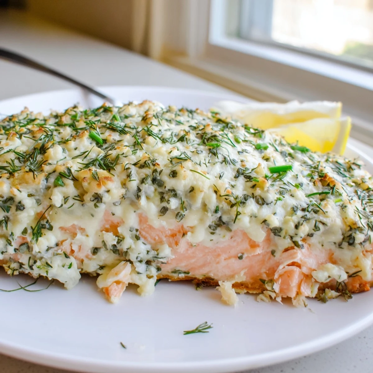 Golden-crusted Boursin salmon served hot with bright lemon wedges and sprigs of fresh dill