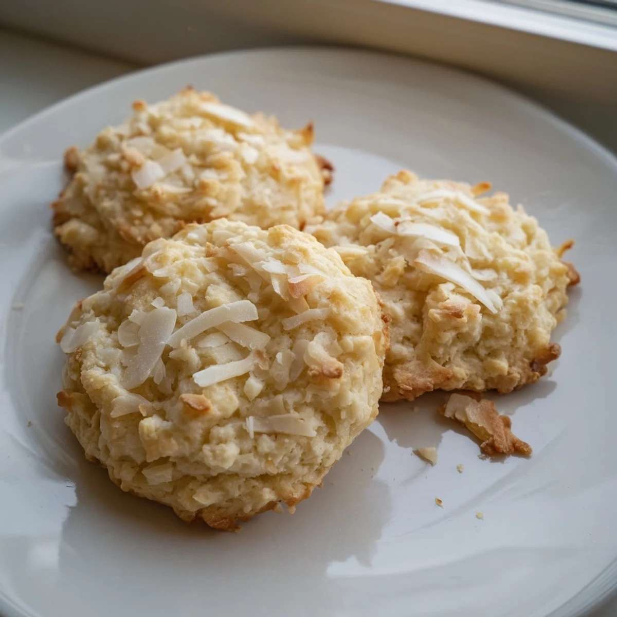 Golden soft and buttery coconut cookies with crisp edges on a parchment-lined baking sheet