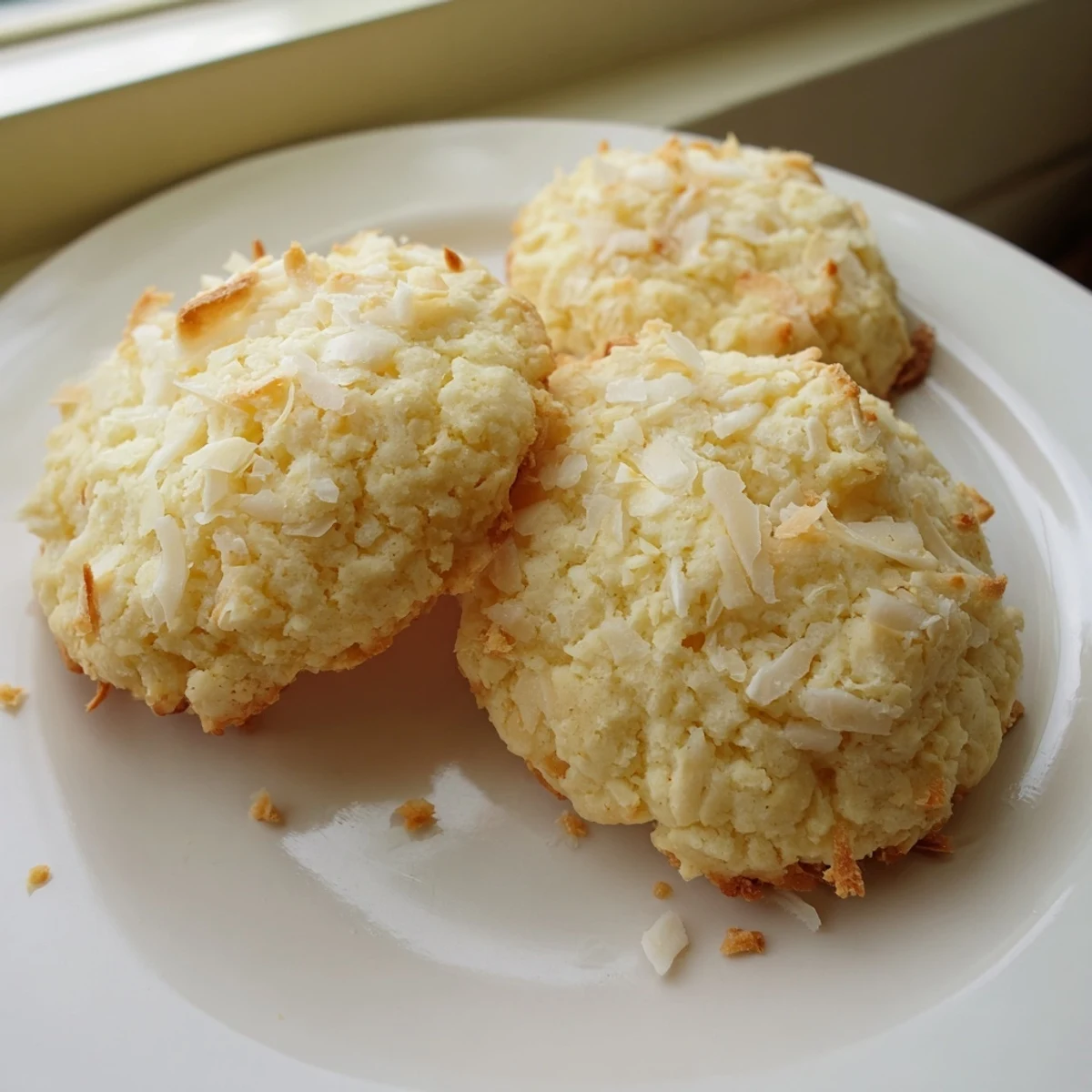 Soft and buttery coconut cookies arranged on a rustic wire cooling rack with coconut flakes