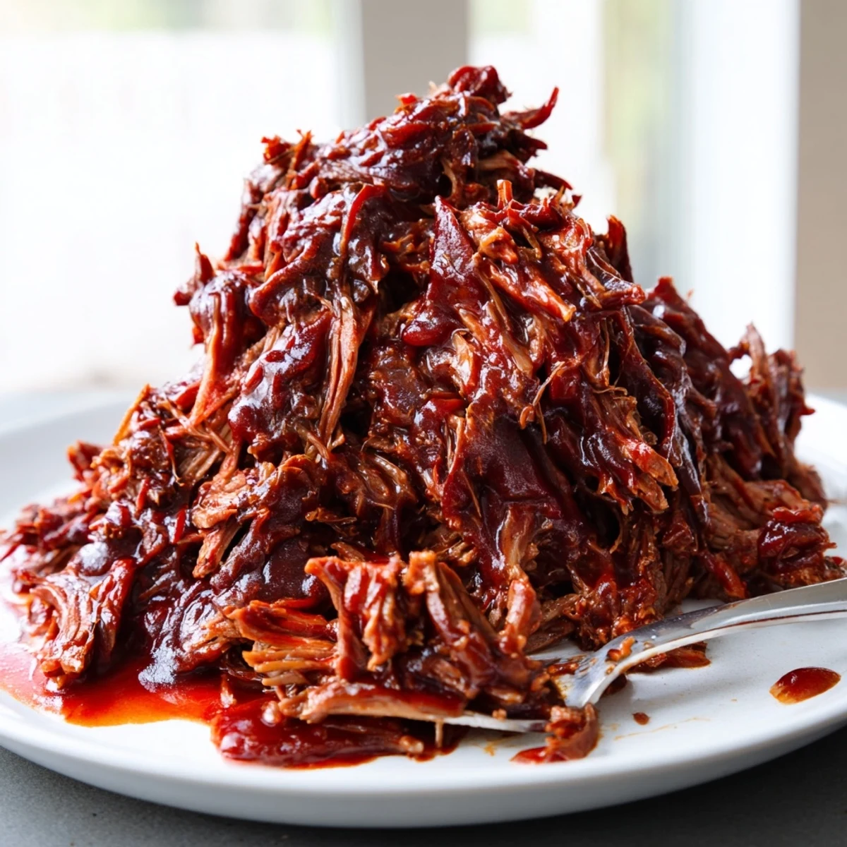 Slow Cooker BBQ Pulled Beef piled high on a toasted bun with creamy coleslaw