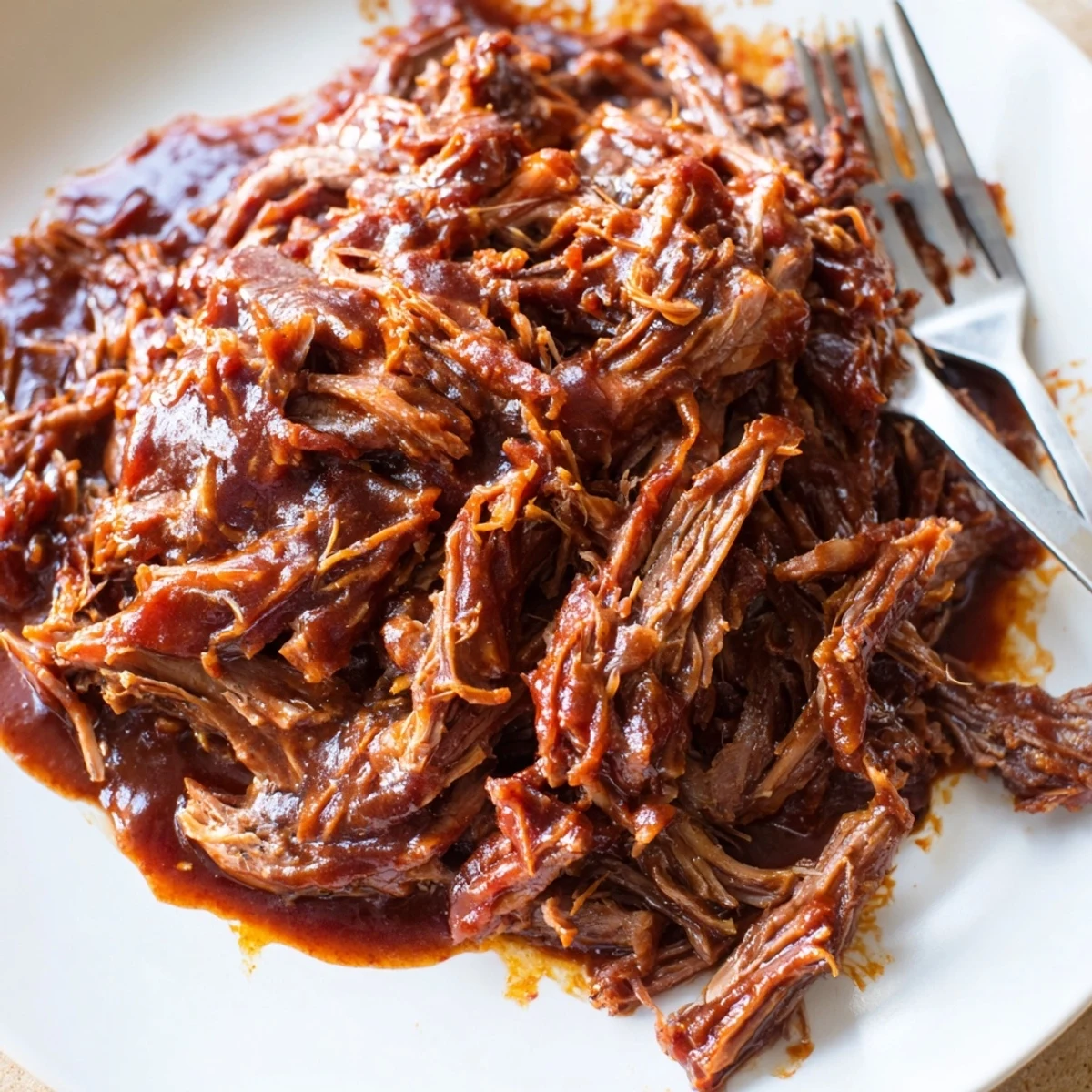 Tender Slow Cooker BBQ Pulled Beef coated in glossy, smoky-sweet tangy barbecue sauce