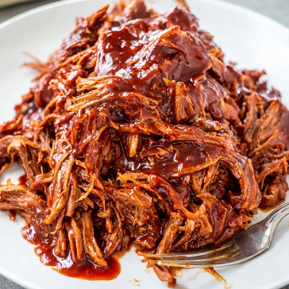 Fork-shredded Slow Cooker BBQ Pulled Beef simmering in rich, sticky sauce ready to serve