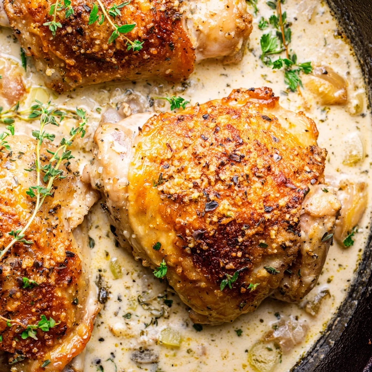 Golden crispy chicken thighs nestled in a creamy parmesan garlic sauce straight from the oven