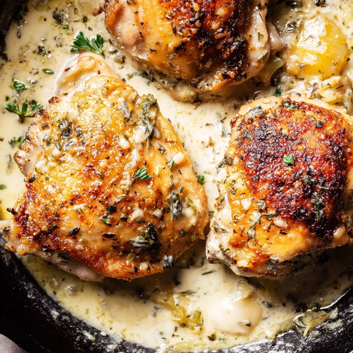 Creamy oven baked chicken thighs with golden skin swimming in a rich herb sauce