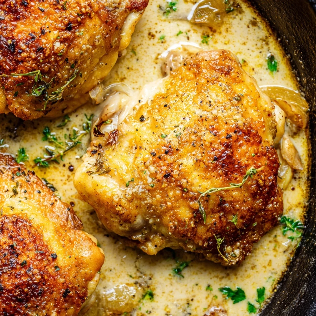 Sizzling skillet of creamy oven baked chicken thighs topped with fresh parsley and parmesan