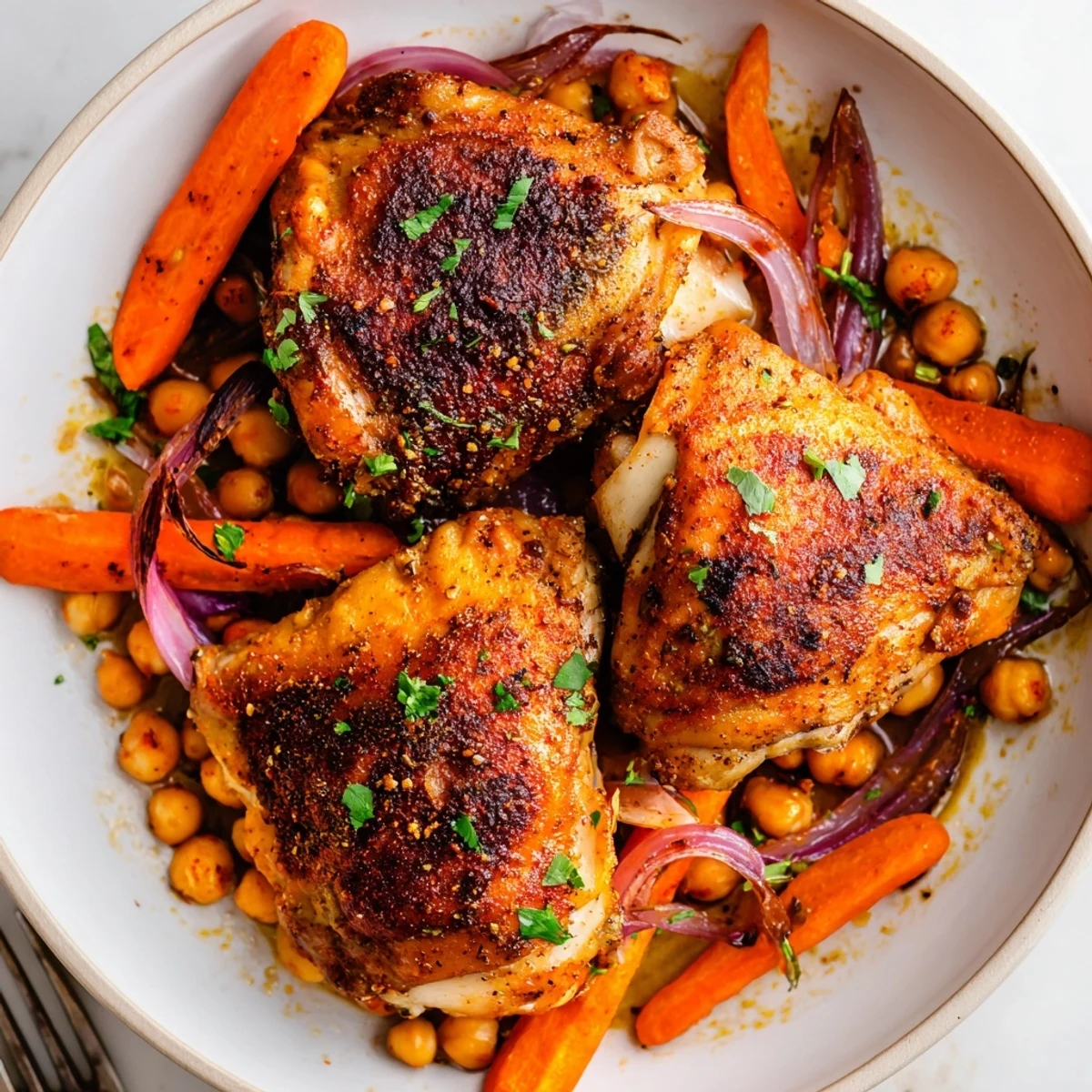 Golden sumac chicken with carrots and chickpeas roasted on a sheet pan