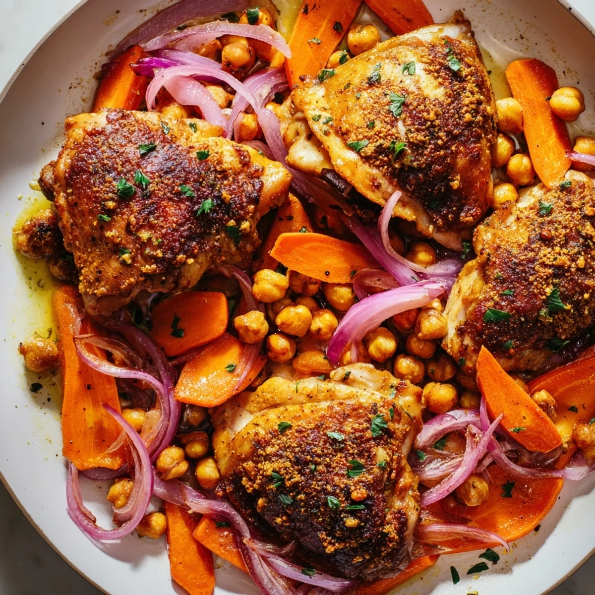 Tender sumac chicken served over roasted carrots and crispy chickpeas with parsley