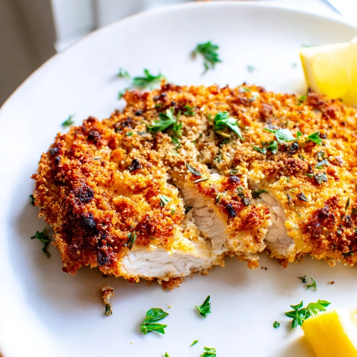 Juicy Paprika Parmesan Chicken sliced open revealing tender meat on a white plate
