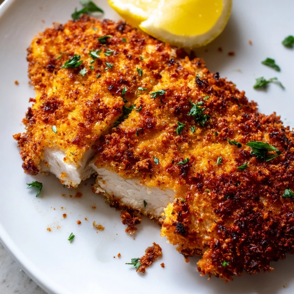 Crispy baked Paprika Parmesan Chicken garnished with parsley and bright lemon wedges
