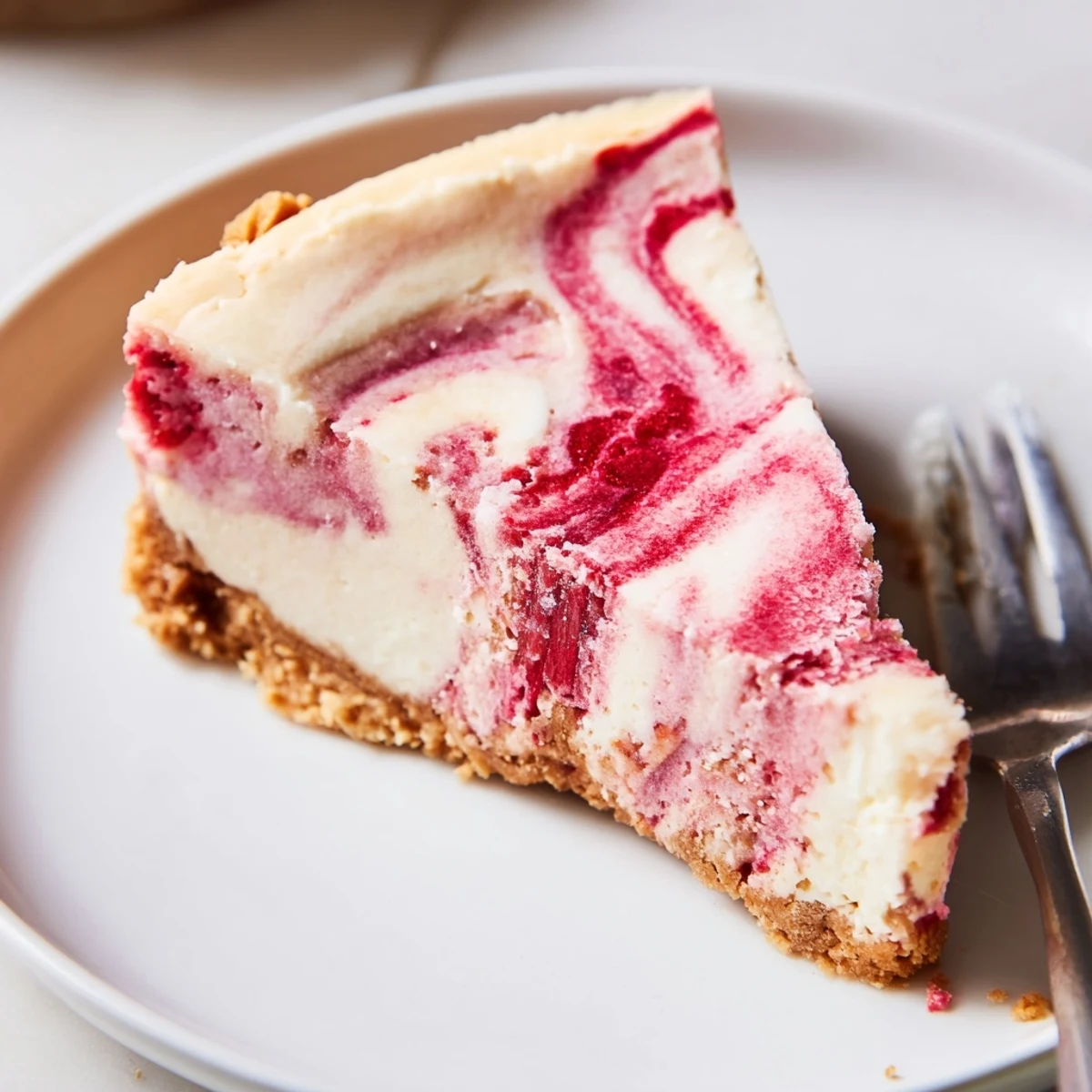 Creamy keto rhubarb cheesecake with a golden almond flour crust, sliced and ready to serve