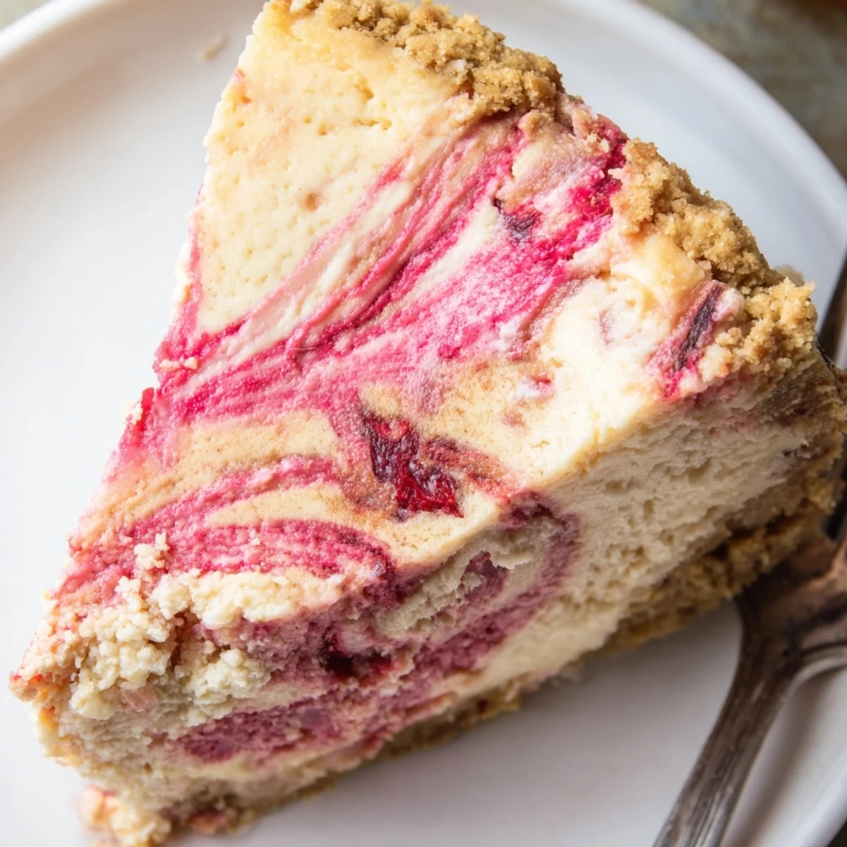 Tangy pink rhubarb swirls rippled through a smooth, chilled keto rhubarb cheesecake slice