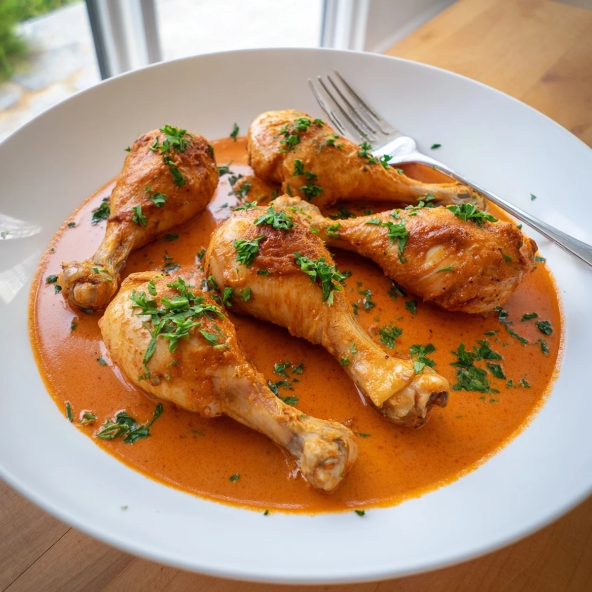 Golden creamy paprika chicken drumsticks glistening in a rich, spiced skillet sauce
