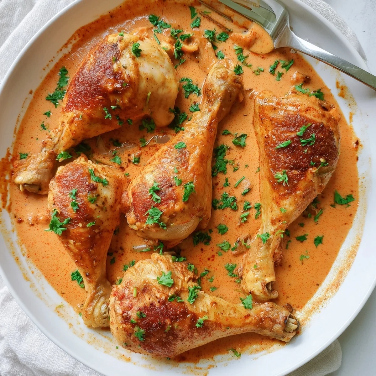 Juicy paprika chicken drumsticks nestled in a velvety cream sauce with fresh parsley