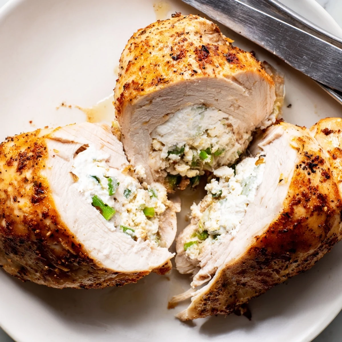 Golden baked goat cheese chicken sliced open to reveal a creamy herb filling