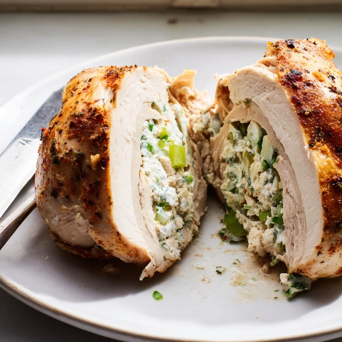 Juicy goat cheese chicken breasts topped with fresh chives on a white plate