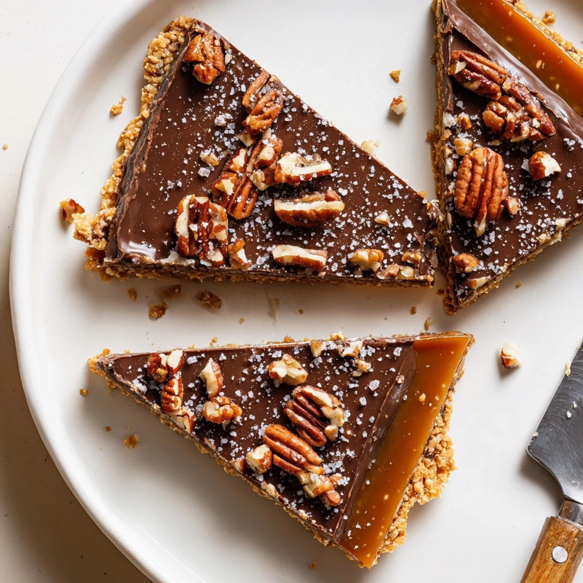 Crumbled pecan pie bark with buttery caramel drizzled over golden graham crackers