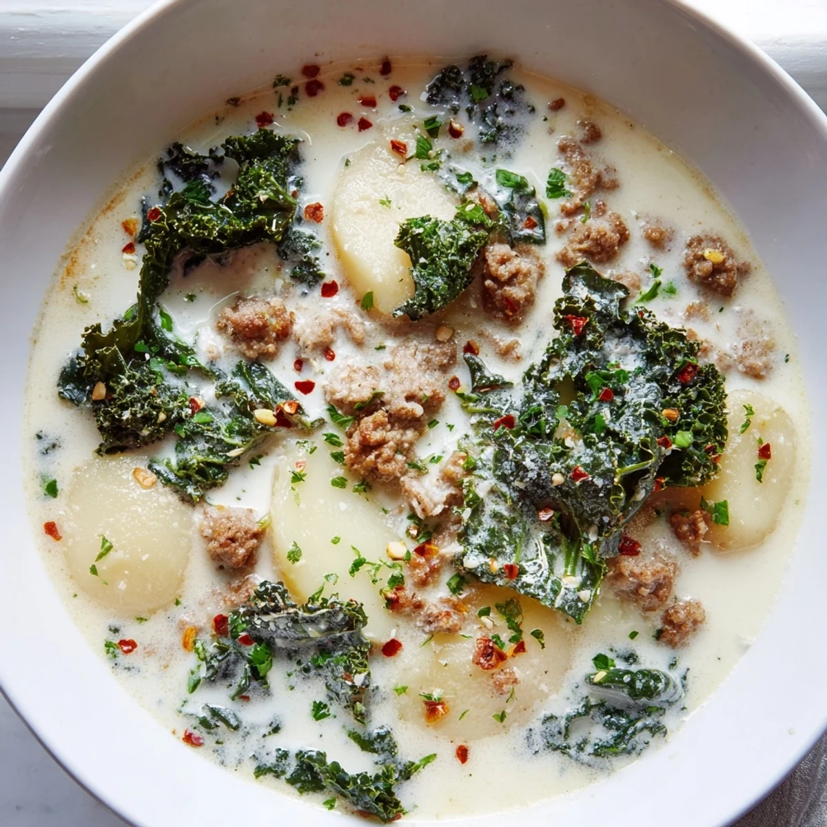 Hearty Zuppa Toscana soup topped with Parmesan and fresh parsley garnish