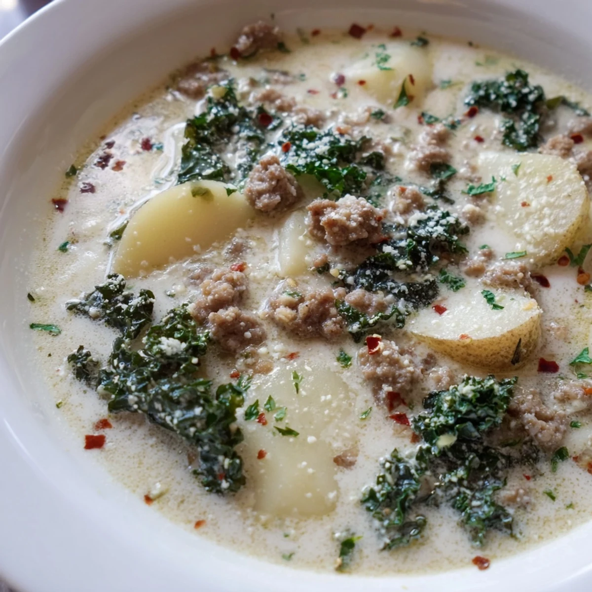 Creamy Zuppa Toscana soup with sausage, potatoes, and kale in rustic bowls