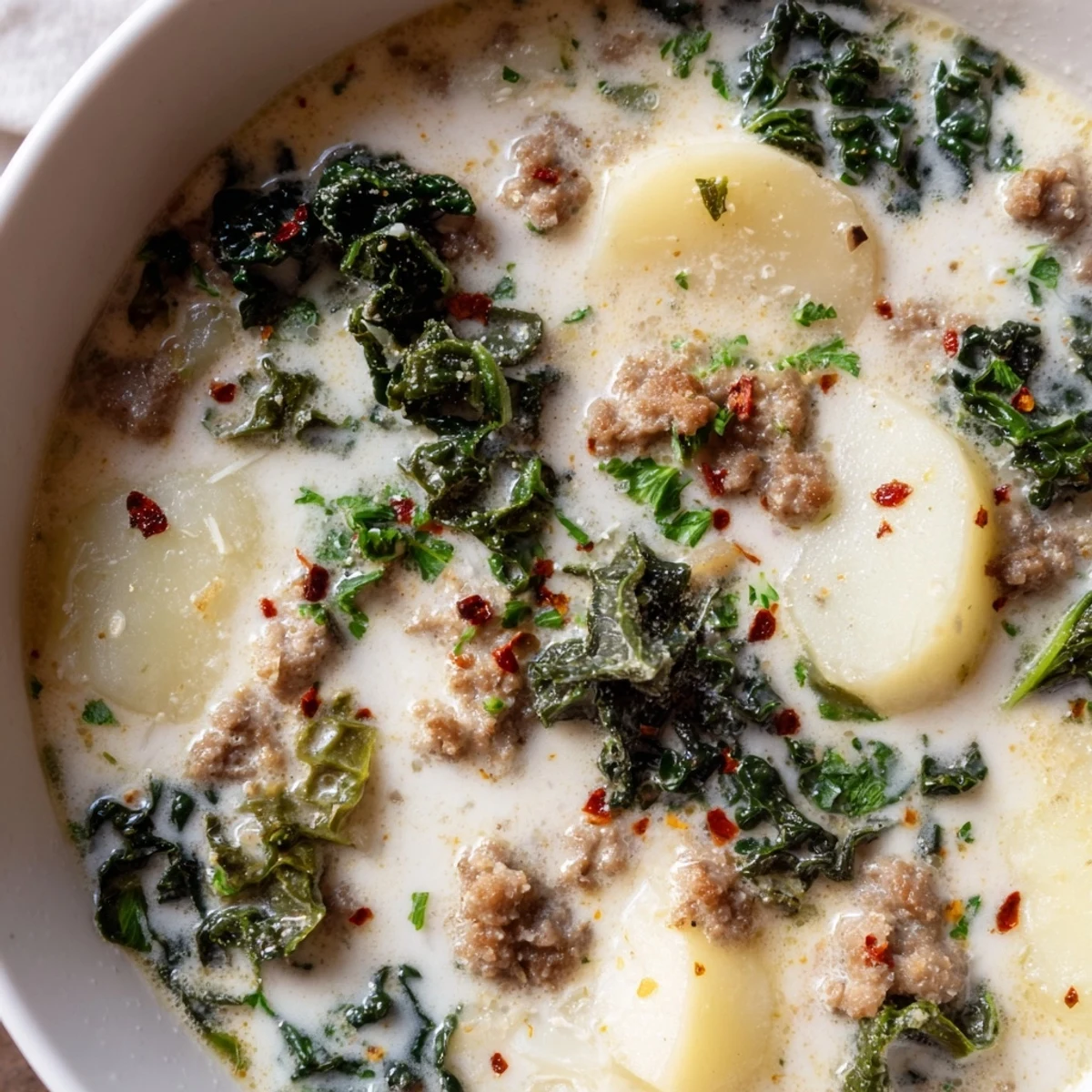 Steaming bowl of Zuppa Toscana soup featuring tender potatoes and wilted kale