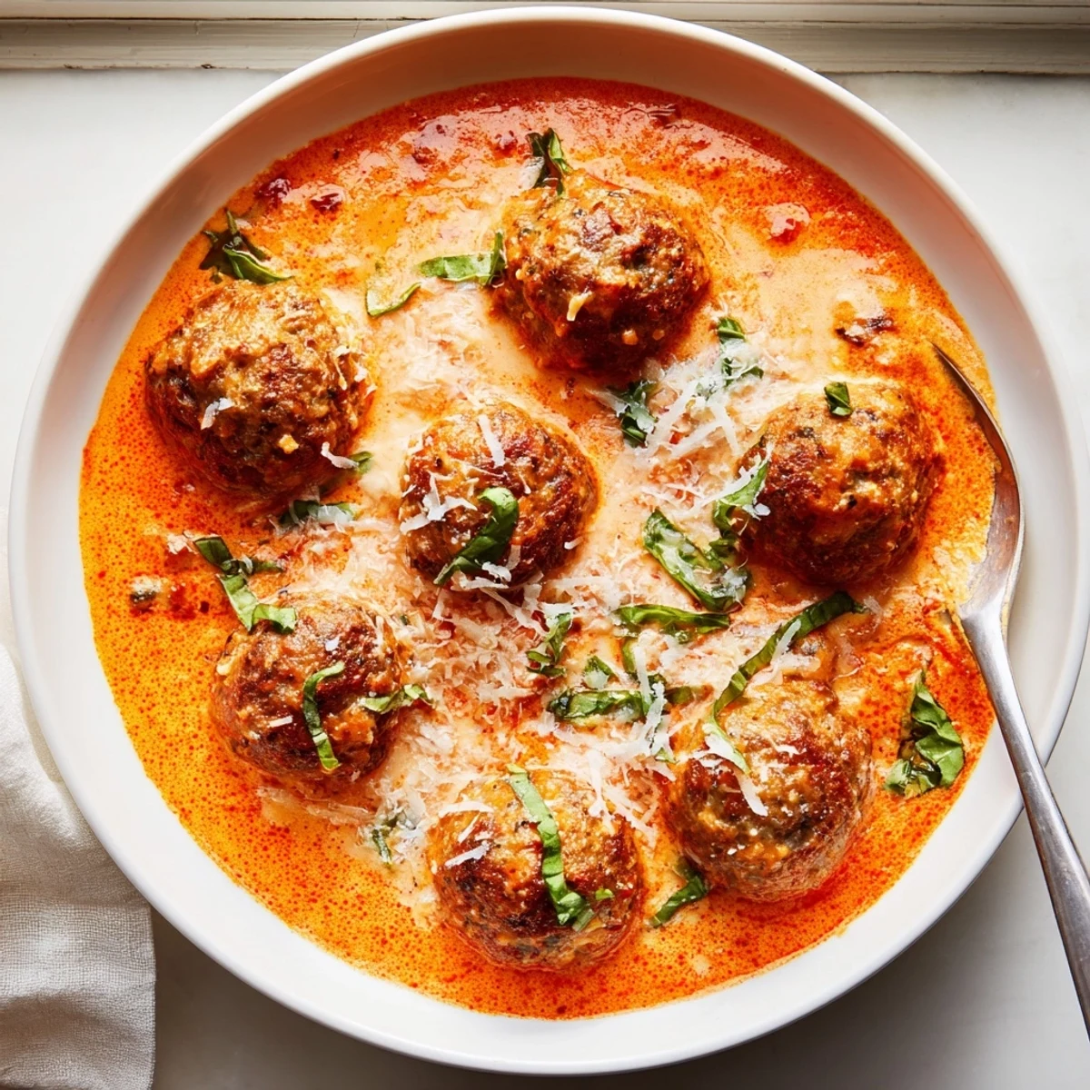 Creamy tomato basil meatballs smothered in rich, velvety sauce with fresh herbs