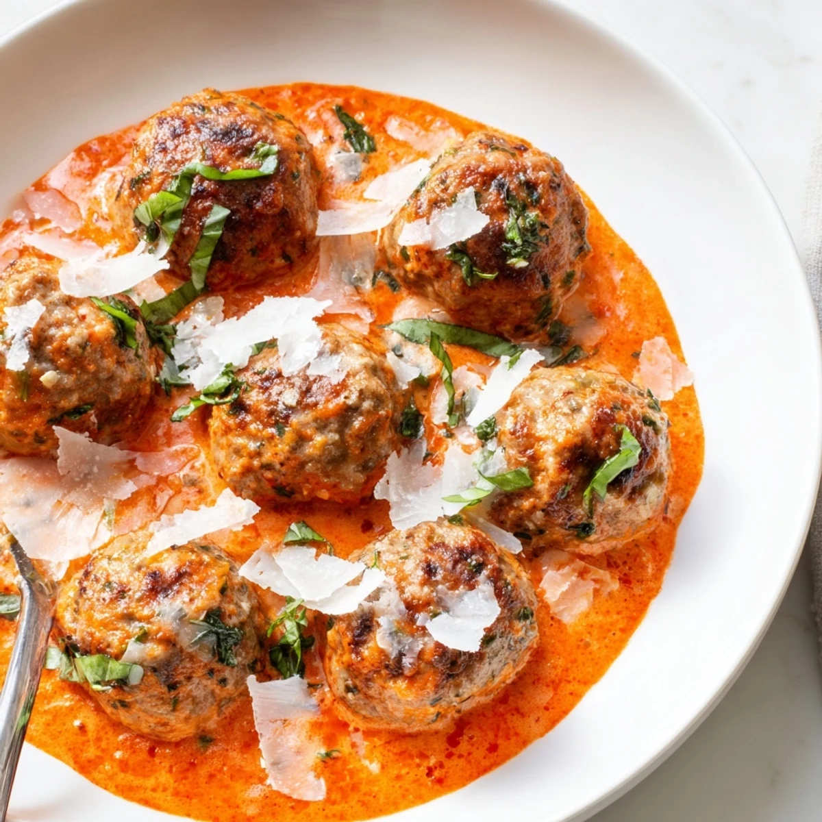 Tender creamy tomato basil meatballs nestled in a bubbling skillet of sauce