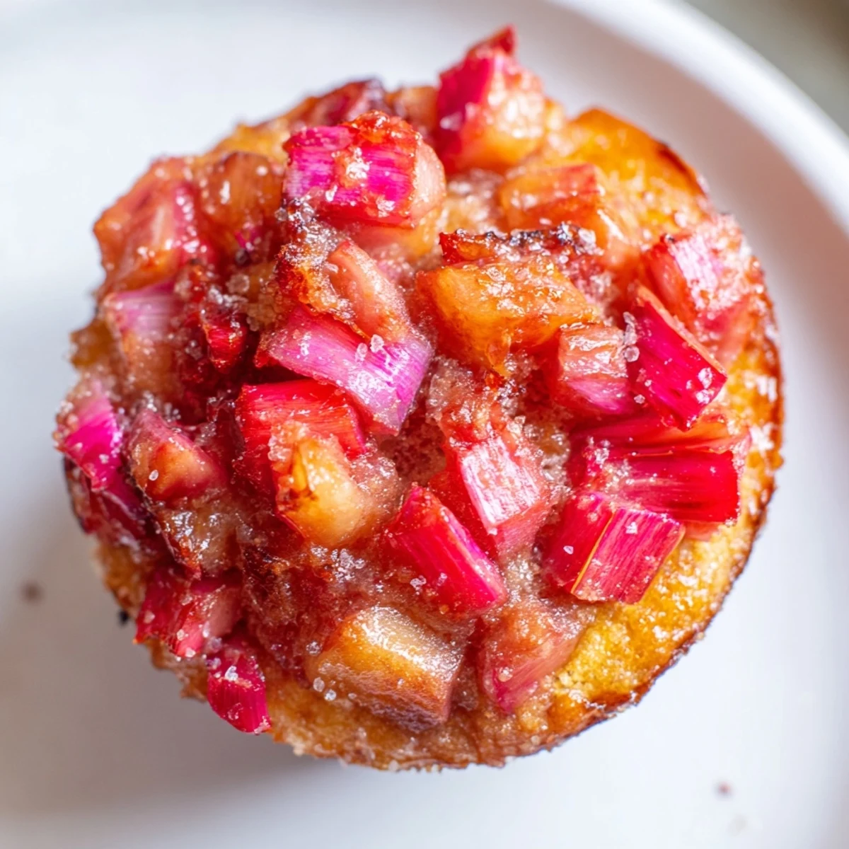 Moist upside down rhubarb muffins topped with glistening sweet-tart pink rhubarb pieces