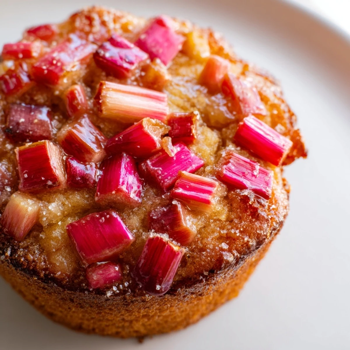 Golden upside down rhubarb muffins with caramelized fruit on a cooling rack
