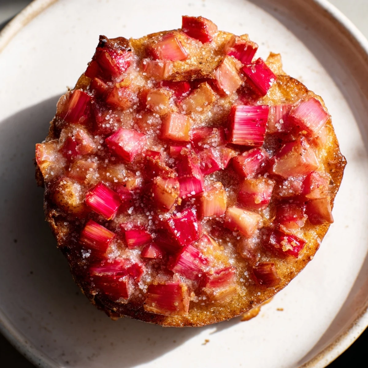 Warm upside down rhubarb muffins served on a rustic brunch table with coffee
