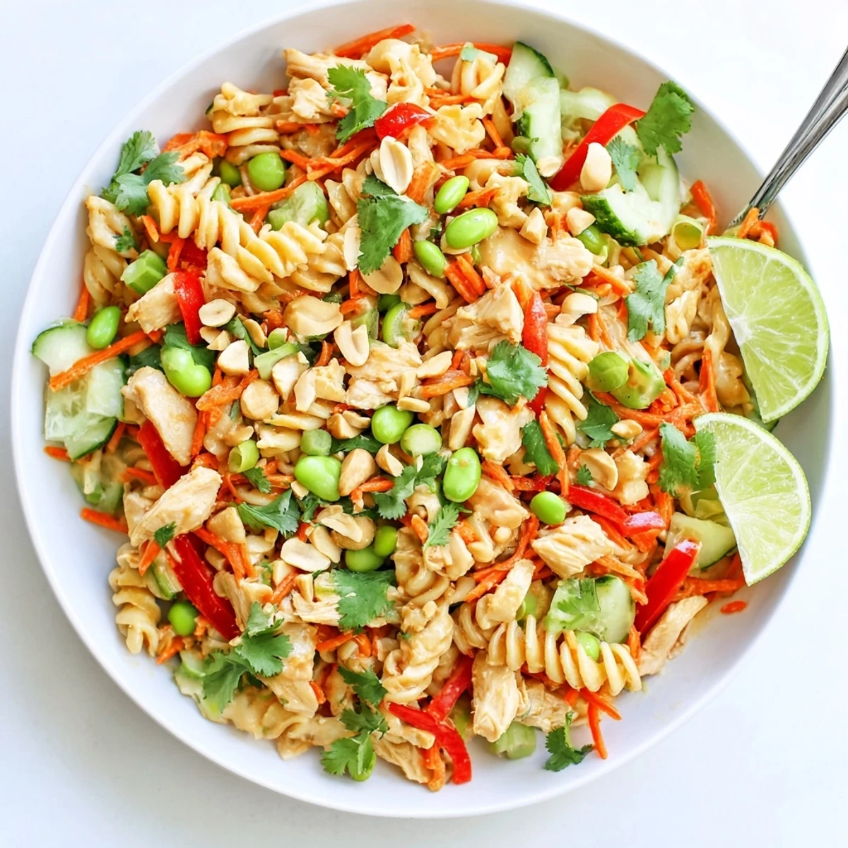 Colorful protein packed Thai pasta salad tossed in creamy peanut dressing with crisp vegetables and tender chicken