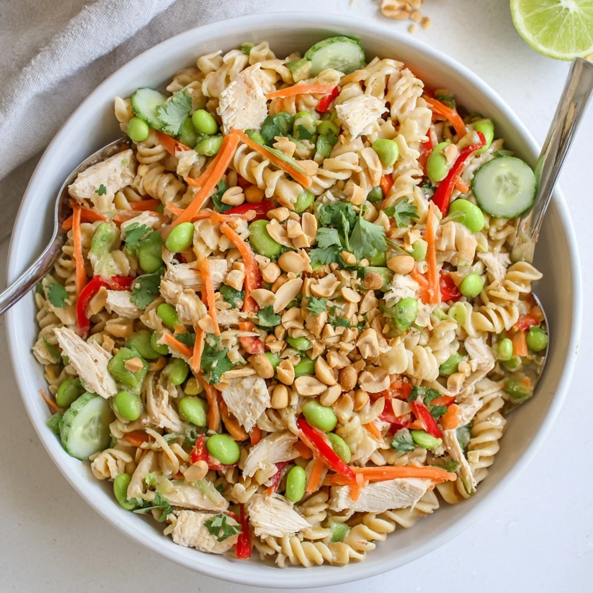 Steaming bowl of protein packed Thai pasta salad garnished with crushed peanuts fresh cilantro and lime wedges