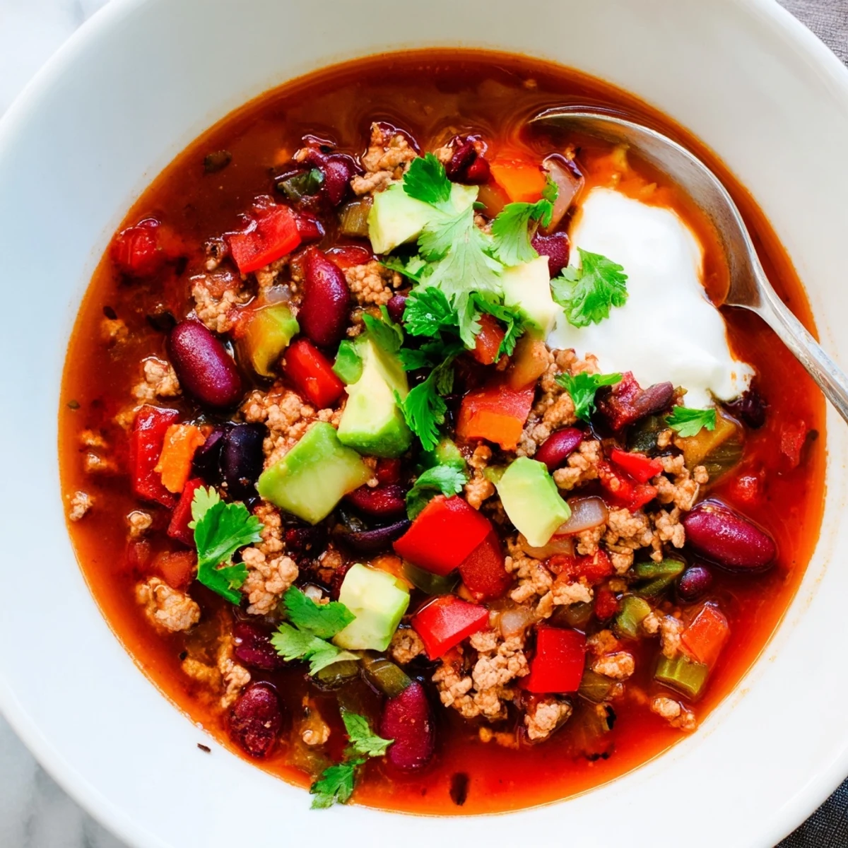 Steaming bowl of diabetic chili topped with fresh avocado and cilantro
