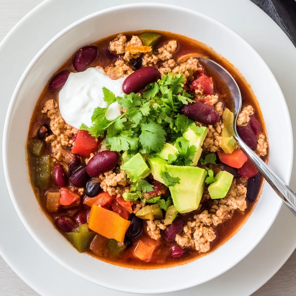 Hearty diabetic chili recipe loaded with colorful bell peppers kidney beans and turkey
