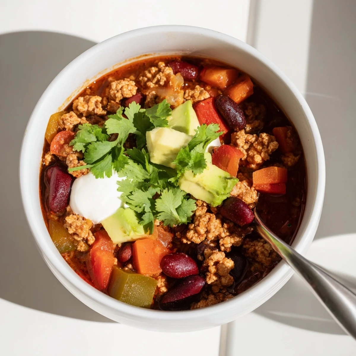 Thick rich diabetic chili served in a rustic bowl with Greek yogurt dollop