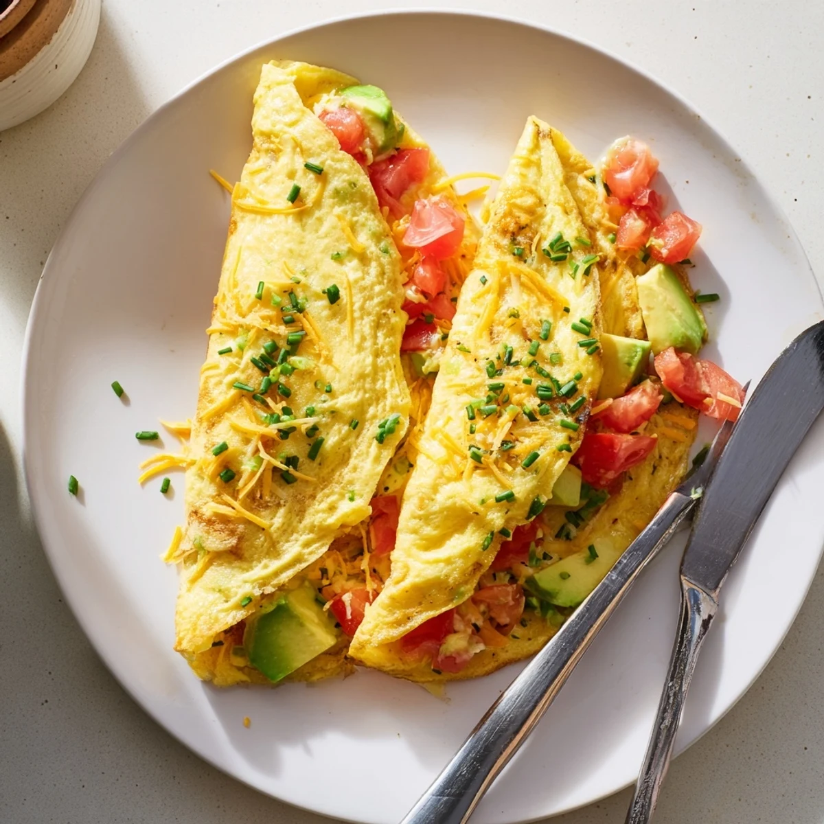 Golden creamy avocado cheesy tomato omelette folded over melted cheddar and fresh diced tomatoes