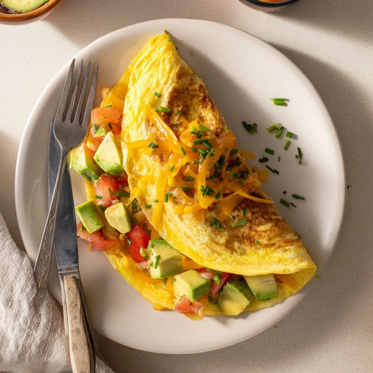 Creamy avocado cheesy tomato omelette served on a white plate with sprinkled chives garnish