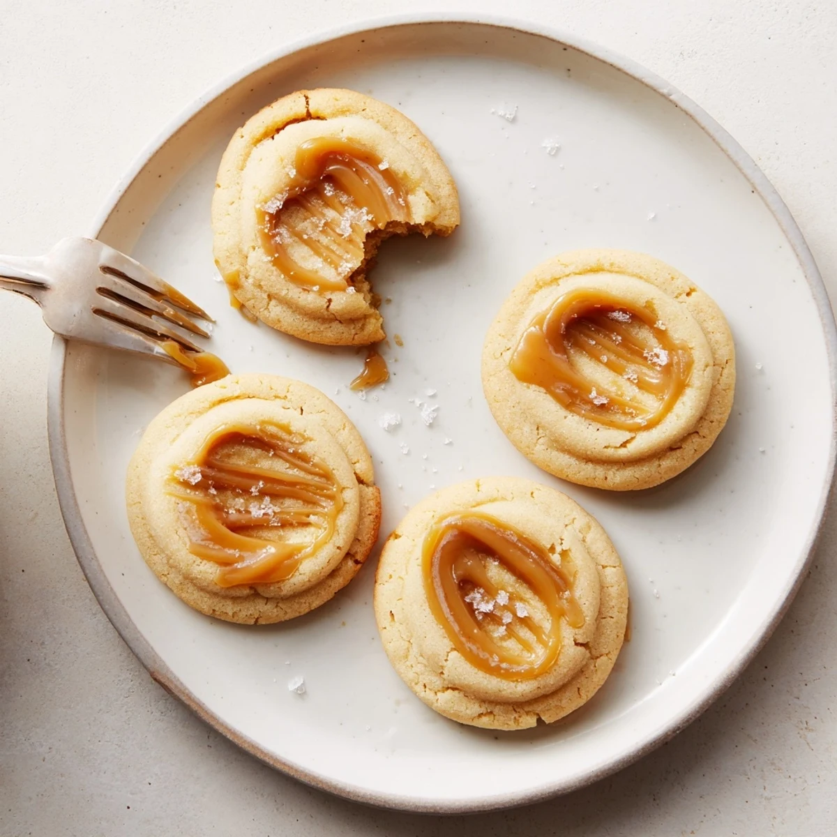 Golden caramel cheesecake cookies with gooey caramel swirls on a rustic baking sheet.