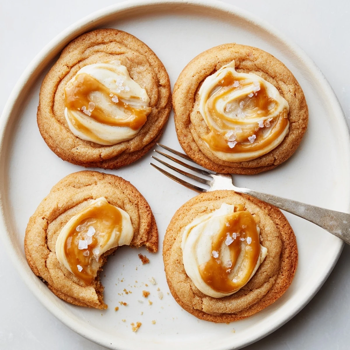 Soft caramel cheesecake cookies topped with creamy drizzle, stacked on a white plate.