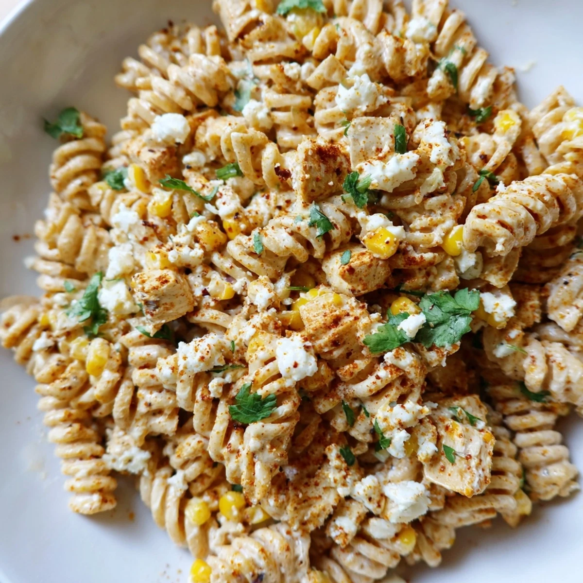 Creamy Mexican street corn chicken pasta salad topped with crunchy crushed tortilla chips and crumbled cotija cheese.